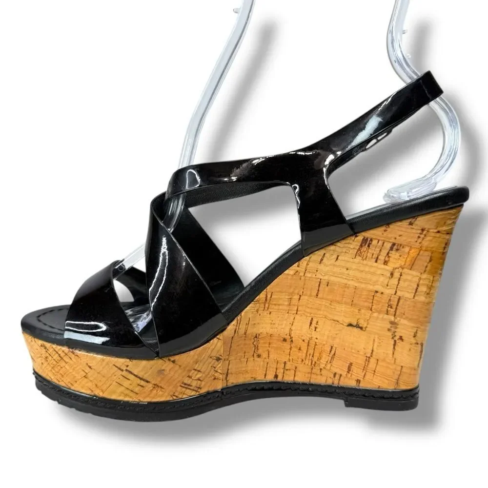 Donald J Pliner Camdyn Black Patent Leather Cork Wedge Sandals Womens Size 6